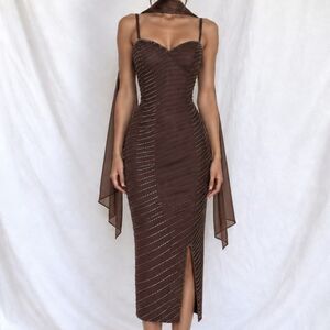 Vintage Y2K 90s Brown Beaded Silk Knee Length Side Slit Bodycon Dress Size XS